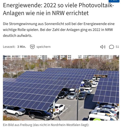 Energiewende: 2022 so viele Photovoltaik-Anlagen wie nie in NRW errichtet

Bildunterschrift:
Ein Bild aus Freiburg (das nicht in Nordrhein-Westfalen liegt)