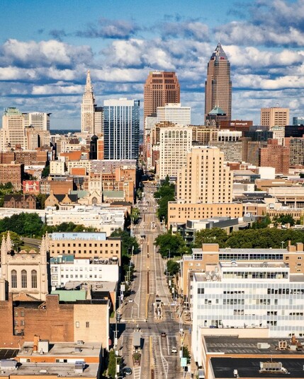 Aerial view of Downtown Cleveland down Euclid Avenue.