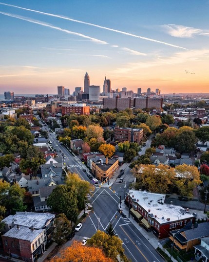 Aerial view of Ohio City and Downtown Cleveland.