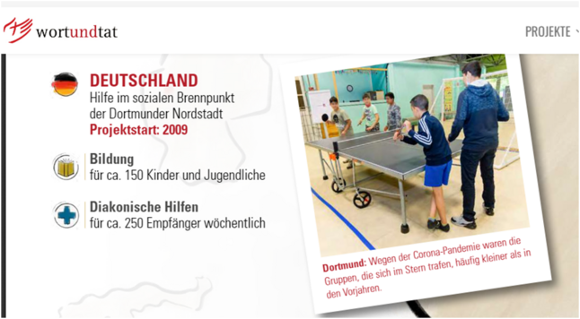 Ein Screenshot von wortundtat mit einem Foto von Kids beim Tischtennisspiel. Daneben steht Deutschland Hilfe im sozialen Brennpunkt der Dortmunder Nordstadt Projektstart: 2009, Bildung für ca. 150 Kinder und Jugendliche, Diakonische Hilfen für ca. 250 Empfänger wöchentlich.