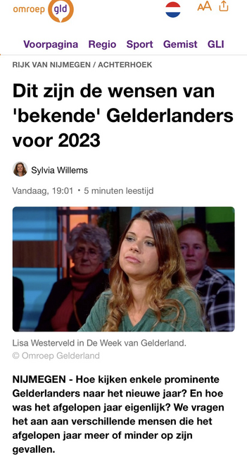 Screenshot van de website van Omroep Gelderland met het artikel.