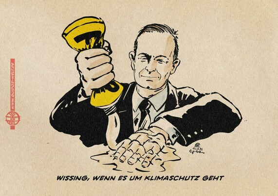 Cartoon, Zeichnung. Wissing klebt seine Hand mit einer großen Tube FDP fest. Textzeile: Wissing, wenn es um Klimaschutz geht.