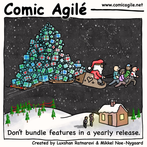 Weihnachtsmann im fliegenden Schlitten mit sehr vielen Geschenken. Bildunterschrift auf Englisch: Do not bundle features in a yearly release.