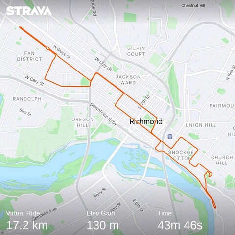 Zwift - Richmond UCI Reverse in Richmond
17.1km - 130m elevation - 43min