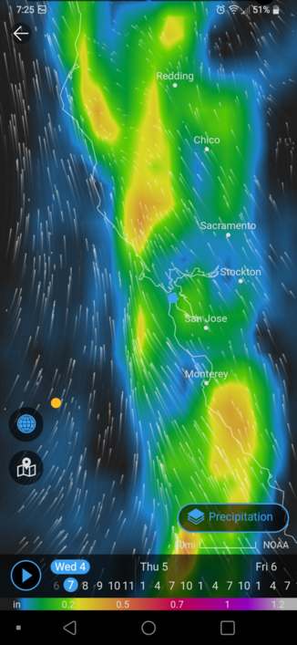 Radar of storm intensity. Two large blobs. One over Marin and one over San Jose. 