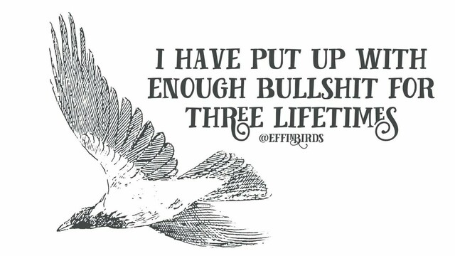 A woodcut of a bird beside the text "I have put up with enough bullshit for three lifetimes".