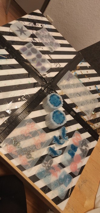 Epoxy resin in silicone molds.