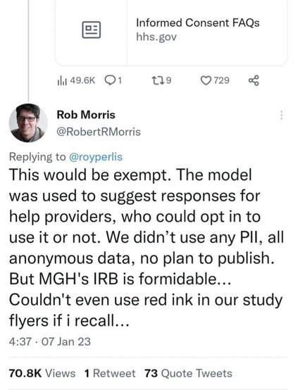Post on GPT-3 mental  health experiment and lack of informed consent