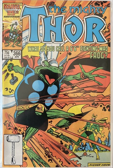 Marvel Comics The Mighty Thor issue number 366 with Thor as a frog, called Throg 