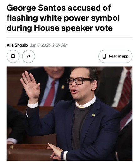 Gay, black, astronaut congressman, who just won the Super Bowl, George Santos, flashing of white power sign