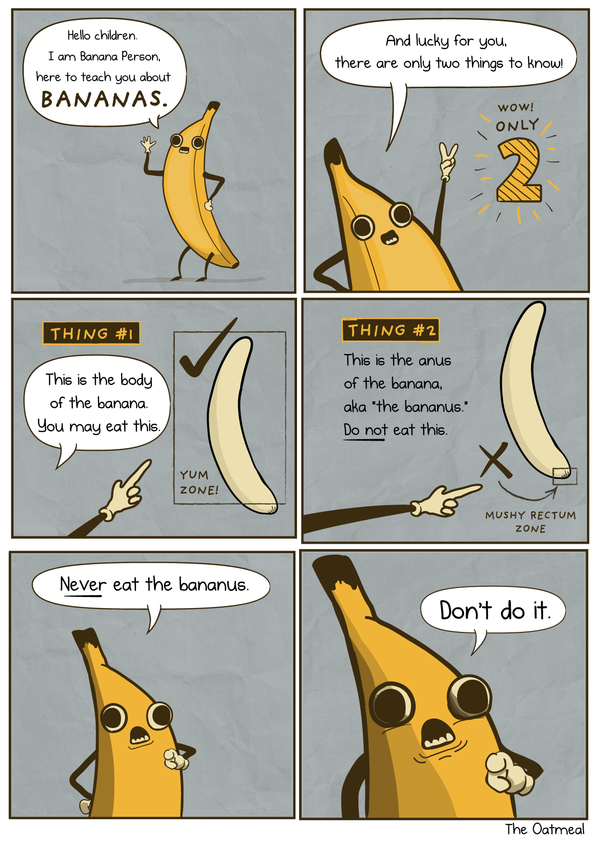 A merry-looking banana is giving us a lecture. “Hello children. I am banana person, here to teach you about BANANAS!” “And lucky for you, there are only two things to know!” He puts two fingers in the air.  “Wow! Only two” pops up beside him. Thing #1: “This is the body of the banana. You may eat this.” An image of a banana with a checkmark appears, with the “yum” zone defined as the top 95% of a banana.Thing #2: “This is the anus of the banana,” aka “the bananus.” DO NOT eat this. An X mark appears over the little nub at the bottom of a banana.The banana gives a fierce expression, pointing at us.  “NEVER eat the bananus.” The banana moves closer, pointing directly at us, his eyes wide and serious. “Don’t do it.”