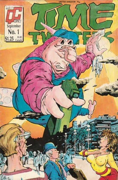 The front cover of Time Twisters No 1, showing an illustration of a gigantic alien chap cleaning the sun and ready to squirt detergent on the streets, much to the dismay and bemusement of the ordinary folk below.