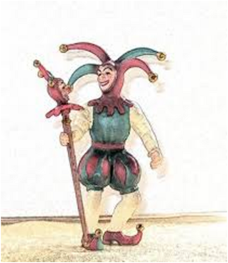 Zu sehen ist eine Zeichnung in Farbe. Abgebildet wird ein Hofnarr in bunter Kleidung, mit Schellen an den Spitzen seiner Schuhe und der Narrenkappe.