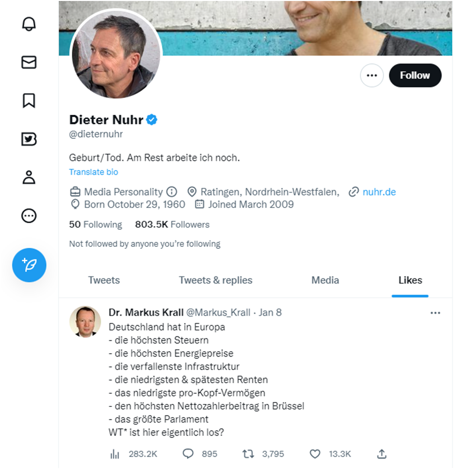 Screenshot seines Twitter-Accounts, der belegt, dass Dieter Nuhr am 8.1.2023 Markus Krall geliked hat.