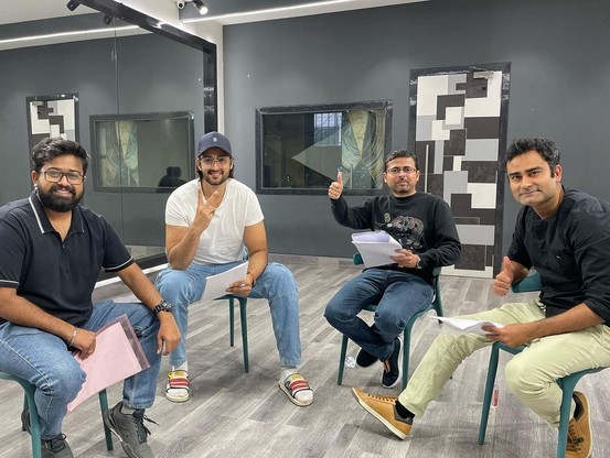 Abhishek Modak, Sourabh Raaj Jain, Puneet Sharma and Sudhanshu Rai during a script reading session in January 2022