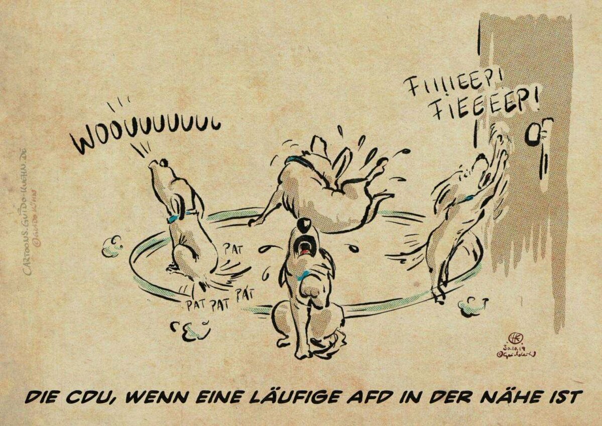 Cartoon, Zeichnung Mehrere Phasen eines Hundes, der unruhig im Kreis rennt, sich die Klöten leckt, jault, winselt und an der Türe scharrt.<br>text: <br>Die CDU, wenn eine läufige AfD in der Nähe ist.