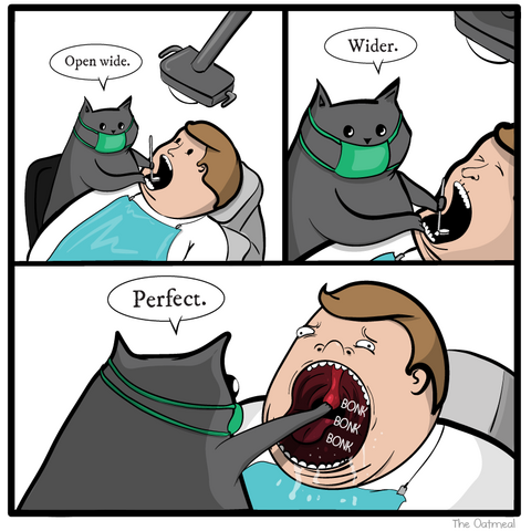A man sits in a dentist's chair as a cat hovers over him. The cat is wearing a face mask and looks like a dentist. "Open wide," says the cat.  

The man opens his mouth.  "Wider," says the cat, and the man opens even wider.

 "Perfect," says the cat as he playfully bats at the man's uvula like a cat would. The man looks uncomfortable, squinting, choking, and drooling.