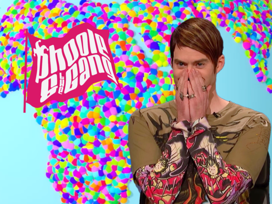Stefon, the tweaky club-kid nightlife expert from Saturday Night Live’s Weekend Update, excitedly covers his nose and mouth with his hands. Behind him, the Candy Planet of Phooletopia gleams, with the Phoole and the Gang flag flying across it.
