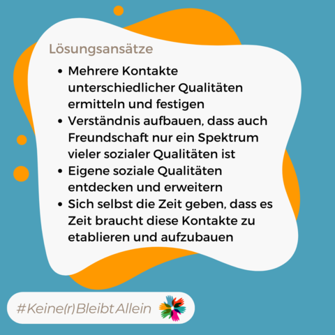 Dargestellt in einer Sprechblase auf blaueorgangenem Hintergrund: Lösungsansätze: Mehrere Kontakte unterschiedlicher Qualitäten ermitteln und festigen. Verständnis aufbauen, dass auch Freundschaft nur ein Spektrum vieler sozialer Qualitäten ist. Eigene soziale Qualitäten entdecken und erweitern. Sich selbst die Zeit geben, dass es Zeit braucht diese Kontakte zu etablieren und aufzubauen.
