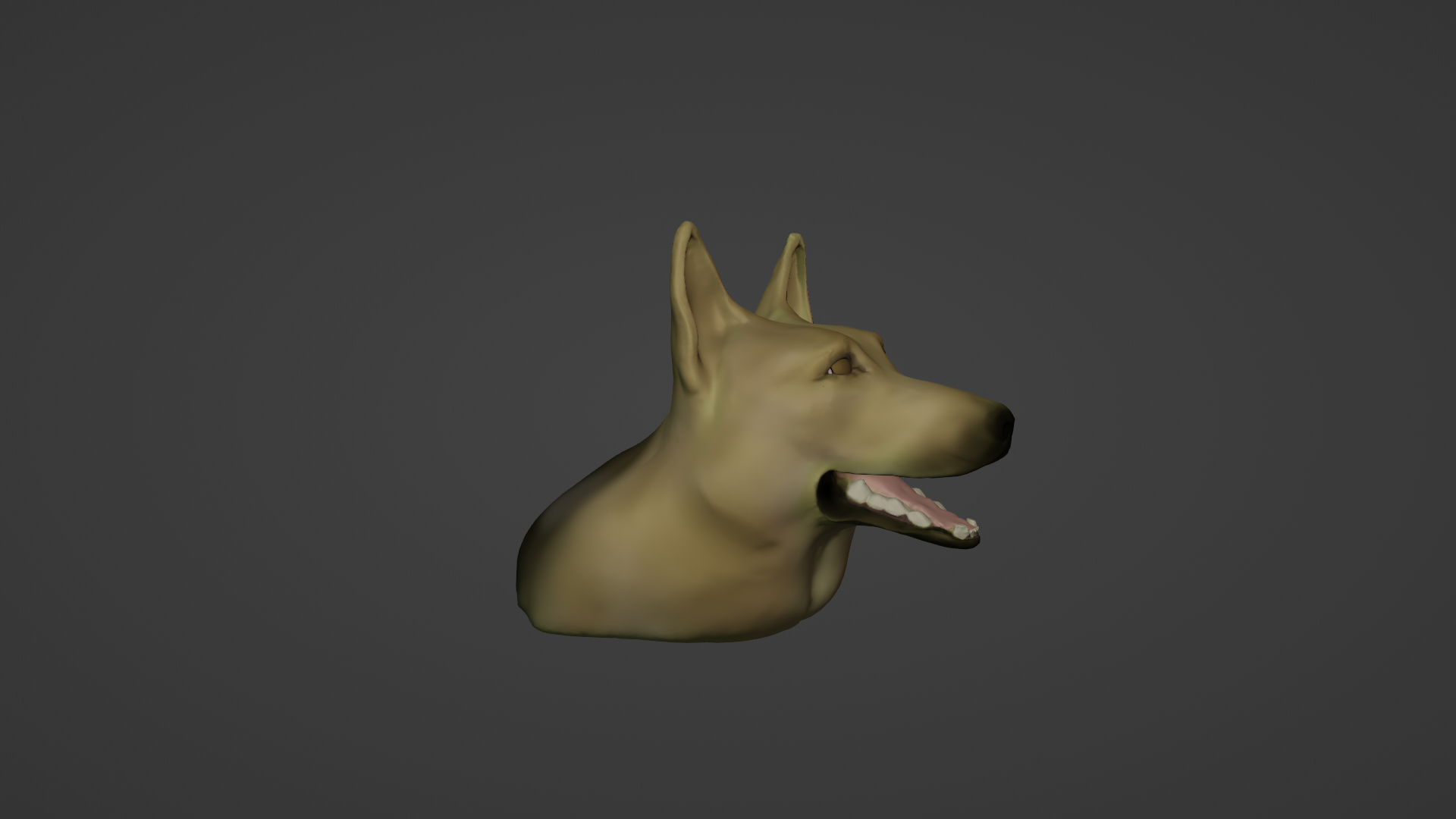 A sculpt of an older german shepherd from a front 3/4 view