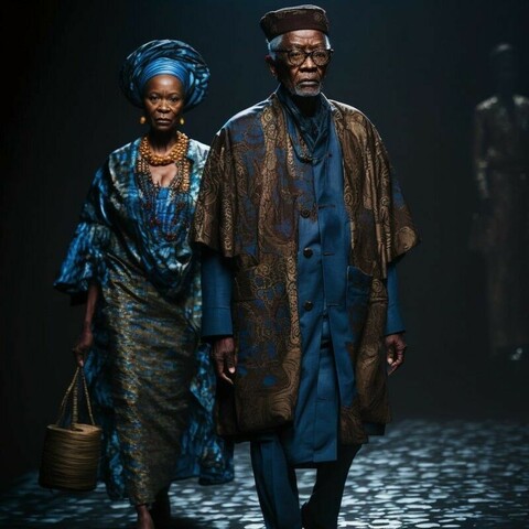 Fashionable older couple we along a runway. The woman is wearing large earrings, a beaded necklace, a teal patterned dress, holding a handbag. The man is wearing a teal and gold patterned outfit.