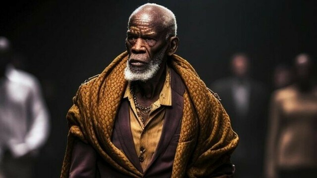 Fashionable older man wearing an outfit of golds and browns, and a necklace.