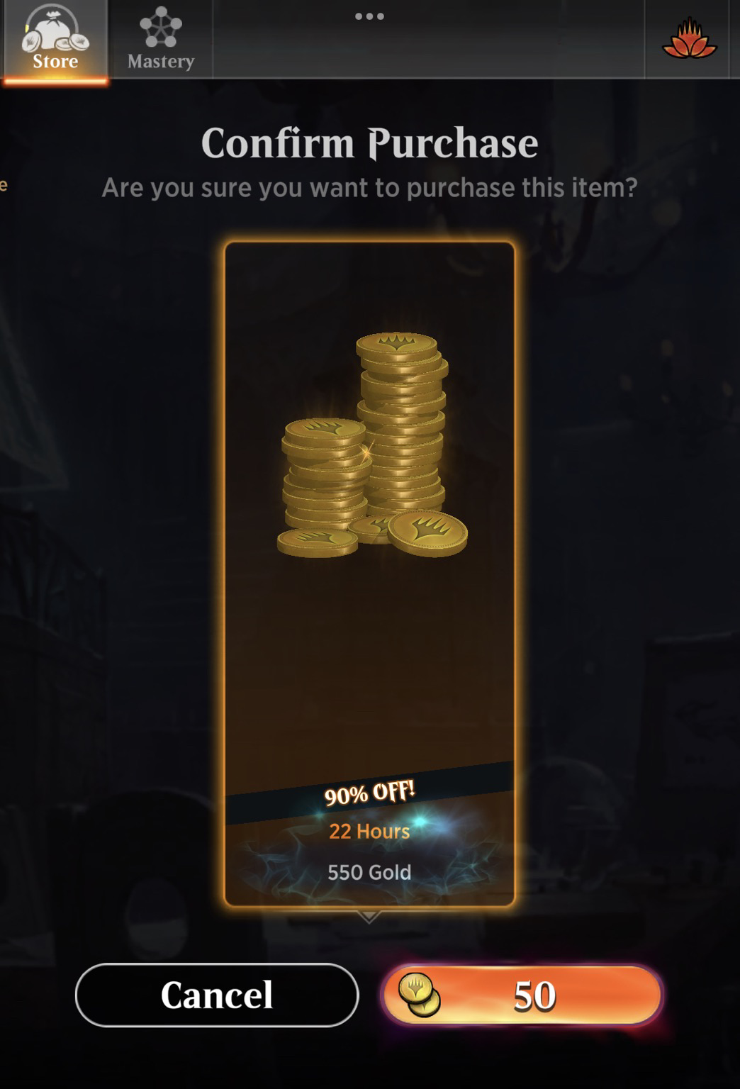 Stacks of 550 gold available in the magic arena store for 50 gold