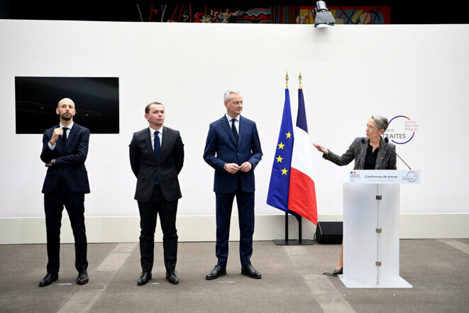 Stanislas Guérini, Olivier Dussopt, Bruno Le Maire et Élisabeth Borne lors de la présentation du projet gouvernemental de réforme des retraites à Paris, le 10 janvier 2023. © Photo Bertrand Guay / Pool / AFP