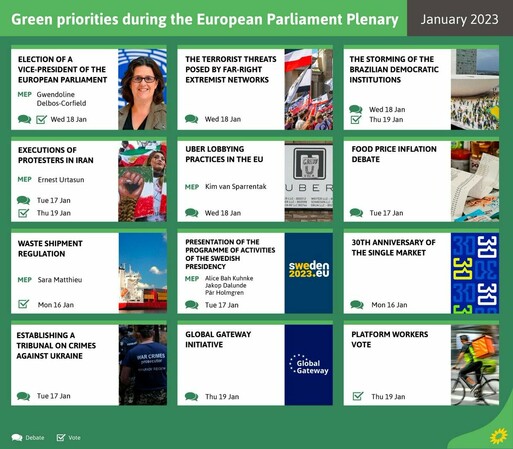 Green priorities during the EU Parliament Plenary of January 2023: Election of a Vice-President of the EU Parliament, The terrorist threats posed by far-right extremist networks, The storming of the Brazilian democratic institutions, Executions of protesters in Iran, Uber lobbying practices in the EU, Food price inflation debate, Waste shipment regulation, Presentation of the programme of activities of the Swedish presidency, 30th anniversary of the Single Market, Establishing a tribunal on crimes against Ukraine, Global Gateway Initiative, Platform workers vote