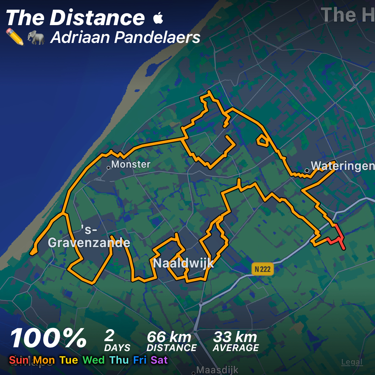 An export of a map of the Rotterdam area of Netherlands from The Distance. A bike route is drawn on the map using rainbow colours. Each colour represents a different day of activity.