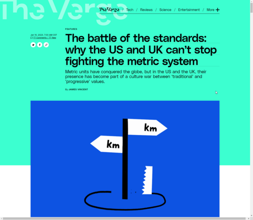 Screenshot of The Verge website article page. It features a seafoam green masthead, title, and main image of a saw cutting a hole underneath a kilometer flagpole. 