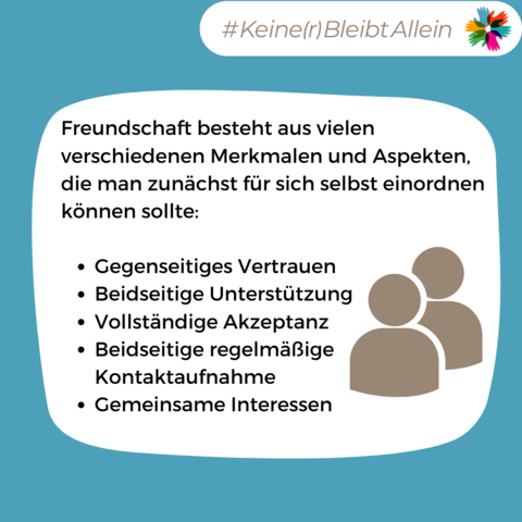Freundschaft besteht aus vielen verschiedenen Merkmalen und Aspekten, die man zunächst für sich selbst einordnen können sollte:

Gegenseitiges Vertrauen
Beidseitige Unterstützung
Vollständige Akzeptanz
Beidseitige regelmäßige Kontaktaufnahme
Gemeinsame Interessen