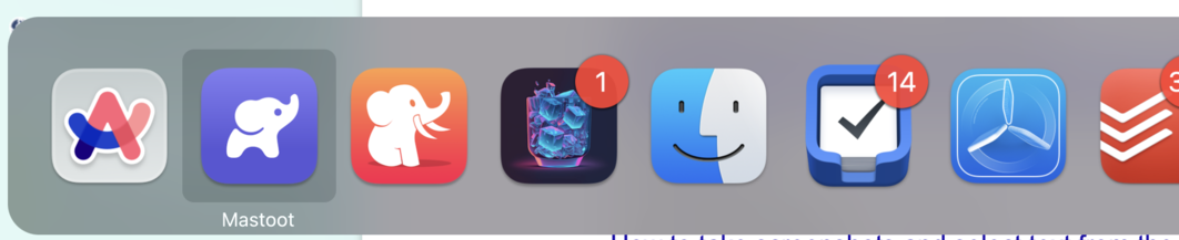 A screenshot of the Mac app switcher, showing multiple alpha/beta Mastodon clients running on an M1 MacBook Pro