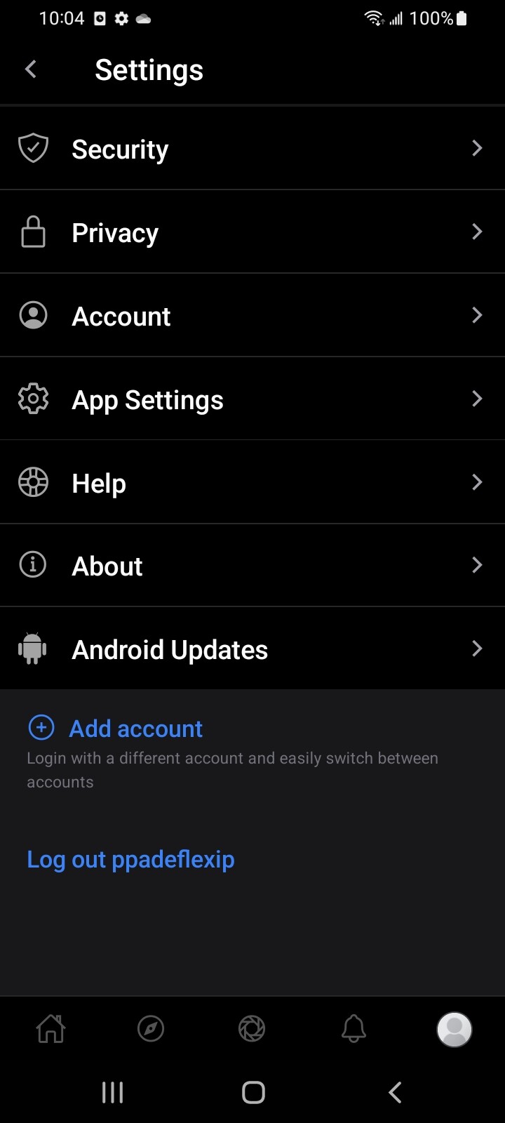 Pixelfed for Android app settings screen in dark mode