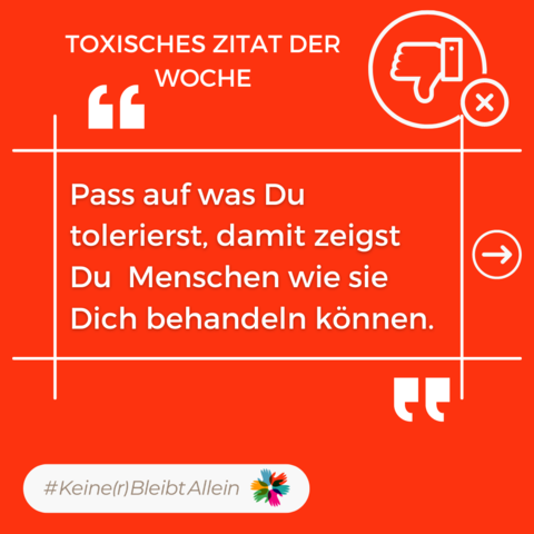 Überschrift: "Toxisches Zitat der Woche". In einem Textkasten "Pass auf was Du tolerierst, damit zeigst Du Menschen wie sie Dich behandeln können."