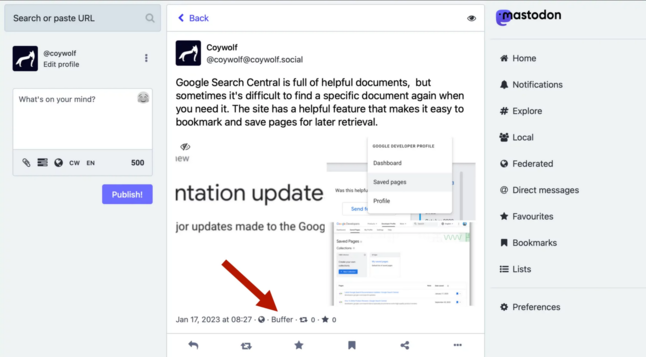 A successful post on Mastodon that was published by Buffer