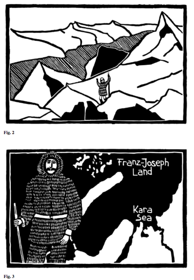 Two black and white linocuts from the essay. The top one shows a snowy mountainscape and a small man; the seond, a map, in front of which stands a man in old fashioned cold gear and the words "Franz-Joseph Land" and "Kara Sea"