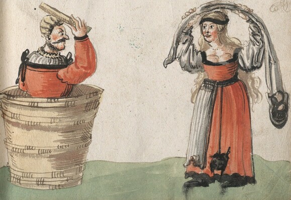 On the left man in a bucket wielding a stick, to the right a woman holding stones wrapped in cloth looking to strike the man. Bit punch and judy-esque. 