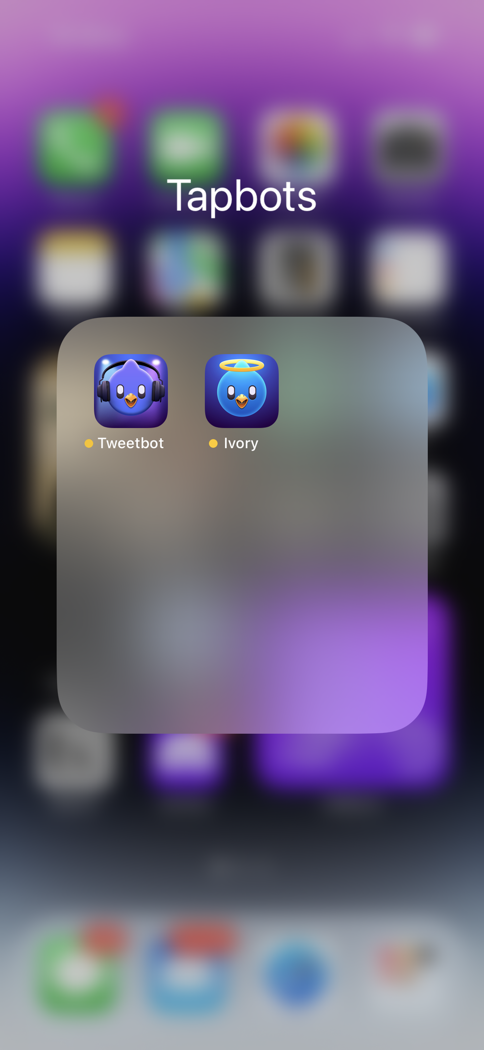 New Ivory icon (Tweetbot bird with angel halo) next to my Tweetbot app on my Home Screen in Tapbots folder