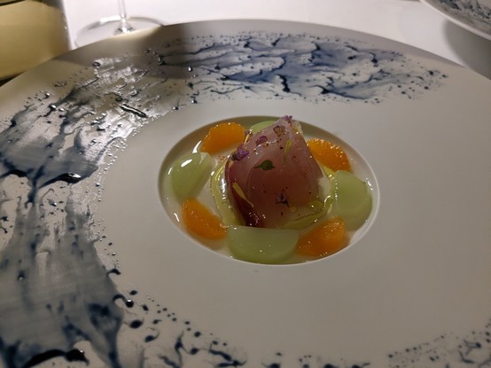 Yellowtail Sashimi, celtuce, and satsuma