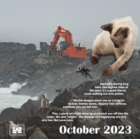 Image used for the month of October in the Portland District of U.S. Army Corps of Engineers' 2023 calendar. Image depicts a giant-sized cat knocking a person off of a jetty into the ocean.