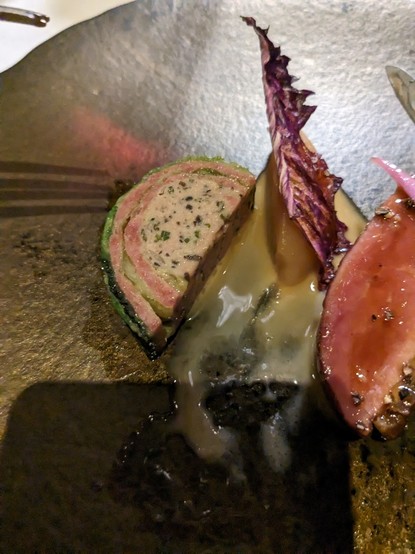 Played duck slices and Napa cabbage duck sausage. Pushed the sausage down so we can see the construction
