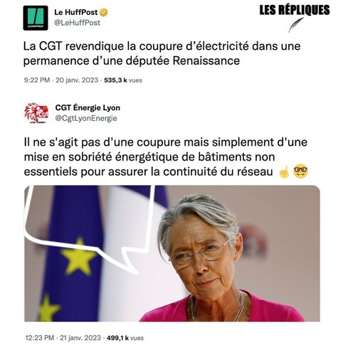 Jeudi 19 janvier jour de la manifestation contre la réforme des retraites, la permanence de la députée Renaissance Huguette Tiegna, a été privé d’électricité pendant plusieurs heures. La CGT a revendiqué la coupure.

Réplique de la CGT : "Il ne s'agit pas d'une coupure mais simplement d'une mise en sobriété énergétique de bâtiments non essentiels pour assurer la continuité du réseau ☝️🤓"