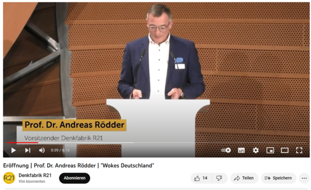 Foto mit Andreas Rödder, der hinter einem Pult mit Mikrofon steht und die Eröffnungsrede der Veranstaltung der Denkfabrik R21 über „Wokes Deutschland“ hält.