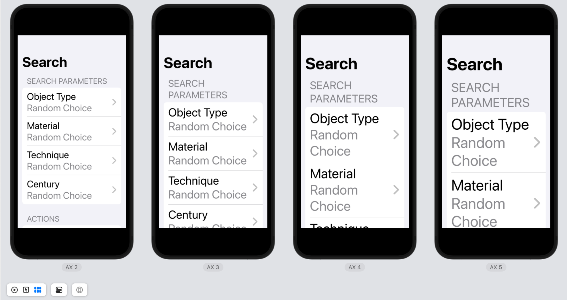 The same search interface adjusting itself to larger and larger fonts.