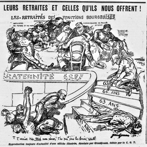Illustration des inégalités face à la retraite par Jules Grandjouan