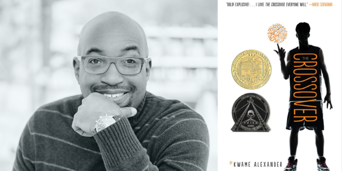 black and white portrait of author Kwame Alexander, a Black man with no hair and glasses. He rests his hand on his chin. To the side, the cover of his book Crossover, which features a silhouette of a teen boy spinning a basketball on his finger. Two book award stickers adorn the cover.