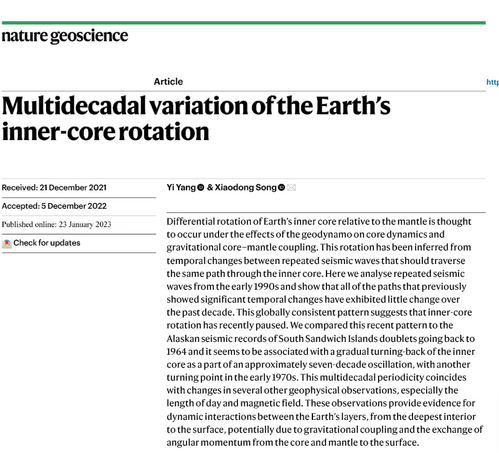 Multidecadal variation of the Earth’s inner-core rotation
Yi Yang & Xiaodong Song 