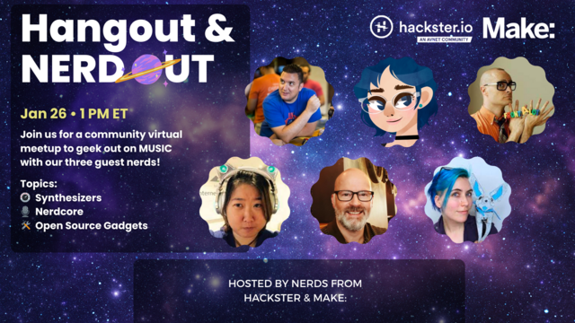Hangout & Nerdout promotional graphic showing hosts ishotjr, Alex Glow, Jinger Zeng and guests Thea (Stargirl) Flowers, Erik Oostveen, and MC Frontalot against a star-filled galactic backdrop