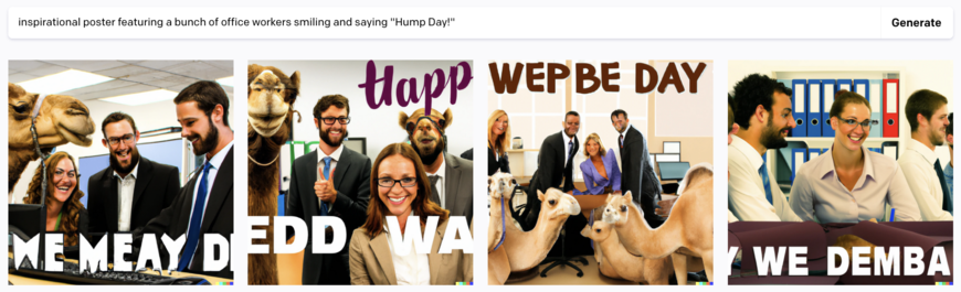 Dalle2 output for the prompt "inspirational poster featuring a bunch of office workers smiling and saying "Hump Day!"". The results are four photorealistic images of mostly young white people in suits with camels in an office environemnt. One of the images has a camel in a suit too.